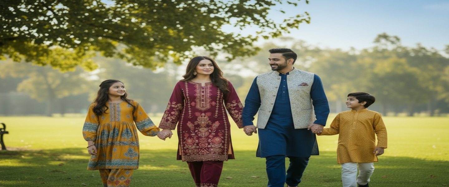 Family of four wearing traditional attire on a green background