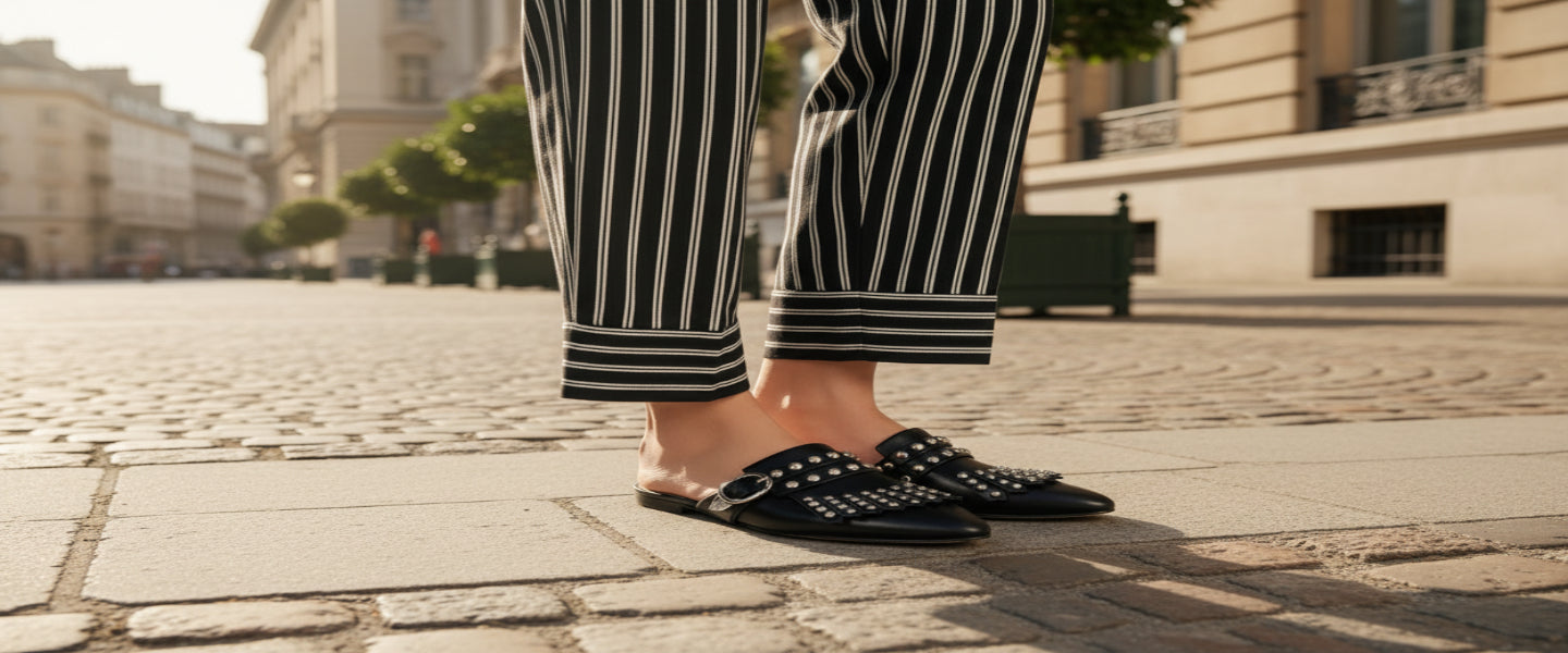 Black studded shoes worn with black and white striped pants on a gray floor.